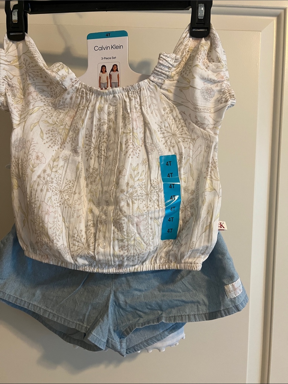 Calvin Klein Girls' White Floral Off-Shoulder Top   And tee Light Blue Shorts -